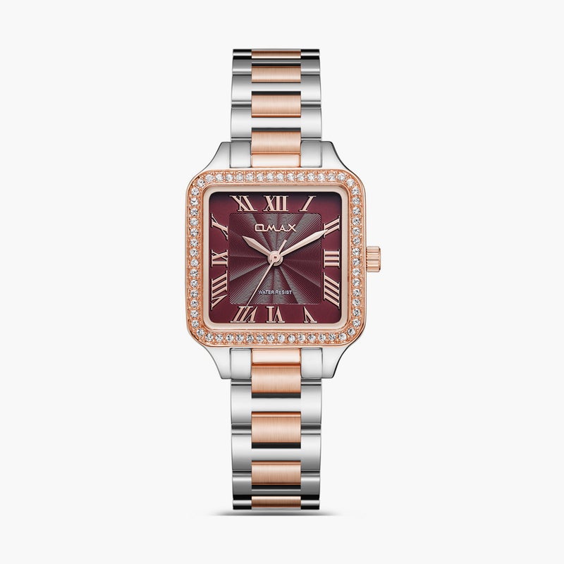 OMAX ساعة أومكس النسائية مربعة باللون البورغندي مع حزام معدني - Image 1